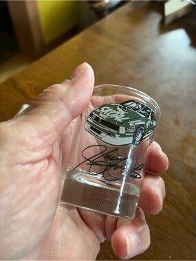 Green Race Car Shot Glass with Driver Harry Gants signature Graphic